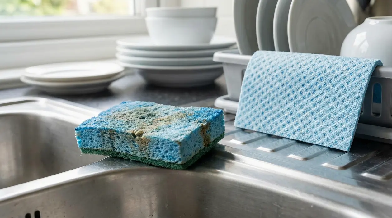 Spugna da cucina usurata accanto a un panno pulito su lavello in acciaio