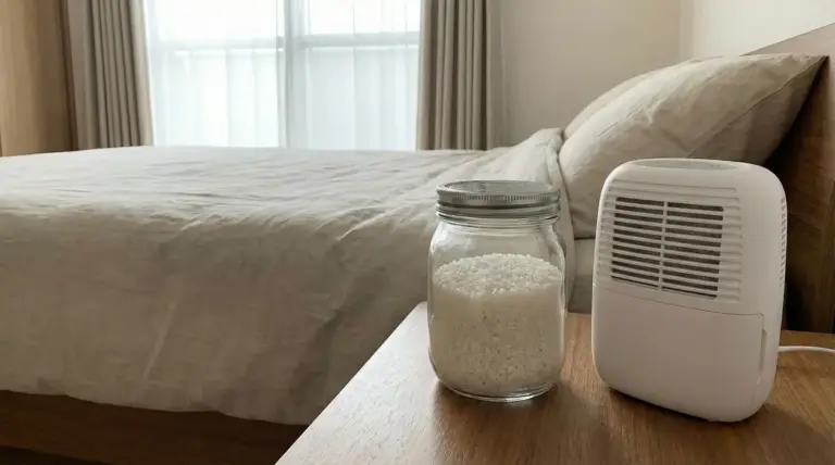 Deumidificatore elettrico e barattolo di sali su un comodino in una camera da letto