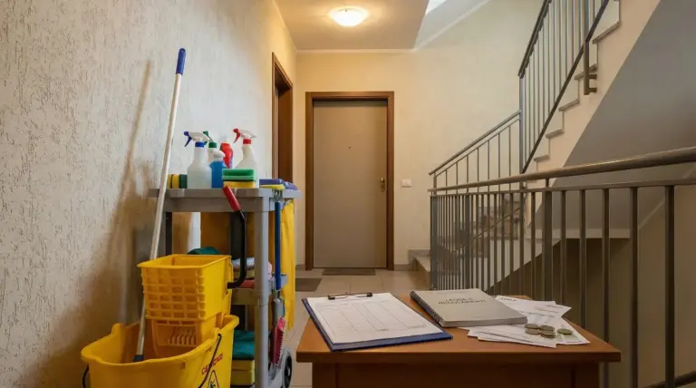 Carrello per le pulizie in un pianerottolo condominiale accanto a documenti e monete su un tavolo