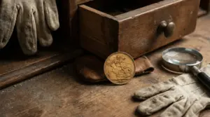 Vecchia sterlina d’oro appoggiata su un tavolo di legno accanto a guanti e lente d’ingrandimento