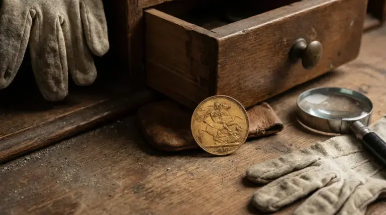 Vecchia sterlina d’oro appoggiata su un tavolo di legno accanto a guanti e lente d’ingrandimento