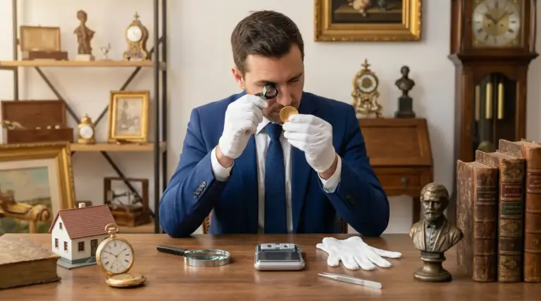 Uomo con guanti bianchi osserva una moneta antica con una lente in un ambiente pieno di oggetti da collezione