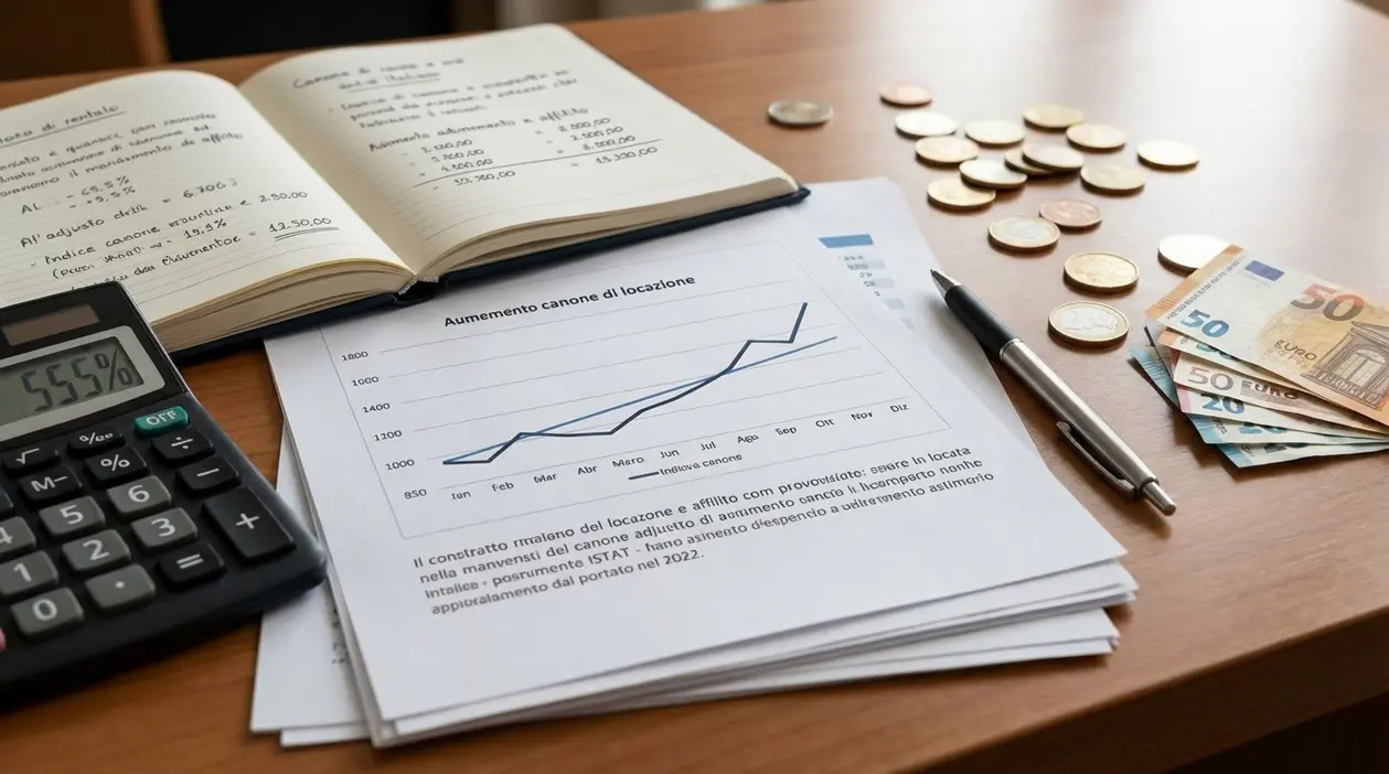 Documenti con grafico sull’aumento del canone di locazione, calcolatrice, monete ed euro su una scrivania