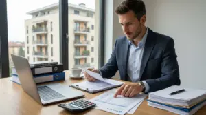 Persona in ufficio che esamina documenti e calcola compensi con laptop e calcolatrice, con palazzo sullo sfondo