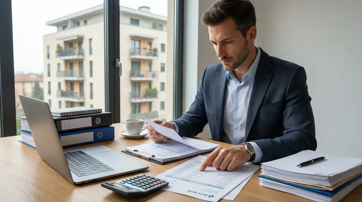 Persona in ufficio che esamina documenti e calcola compensi con laptop e calcolatrice, con palazzo sullo sfondo
