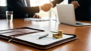 Stretta di mano in ufficio con documenti, laptop e monete su un tavolo, simbolo di negoziazione dello stipendio