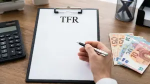 Mano con penna davanti a un foglio su clip, con calcolatrice e banconote in euro su una scrivania