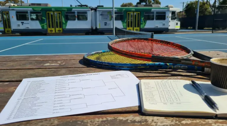 Racchette da tennis, tabellone del torneo e taccuino su un tavolo vicino a un campo da tennis