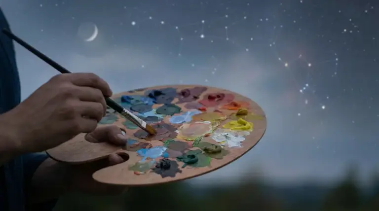 Mano che tiene una tavolozza piena di colori con sfondo di cielo stellato e costellazioni