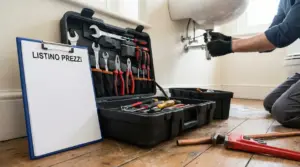 Cassetta degli attrezzi e idraulico al lavoro sotto un lavandino, con listino prezzi in primo piano