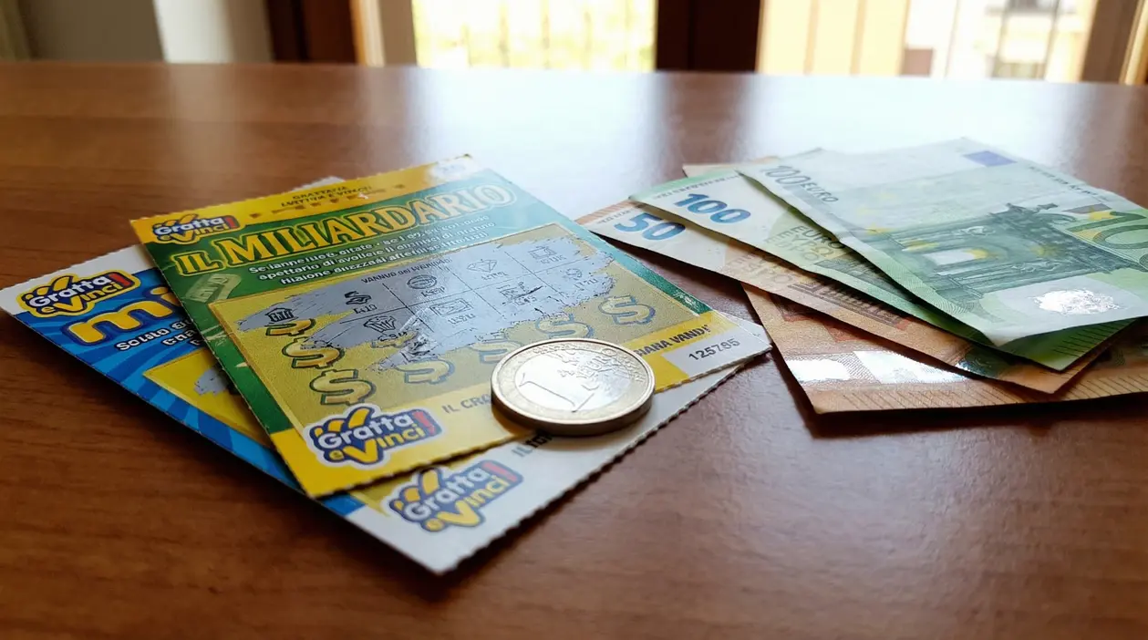 Biglietti Gratta e Vinci con moneta e banconote in euro su un tavolo di legno