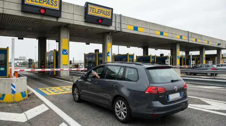 Auto al casello nella corsia Telepass con barriera abbassata e semaforo rosso, telepedaggio bloccato