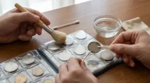 Mani che rimuovono monete in lire da un album con pinzette, pennello e cotton fioc su un tavolo