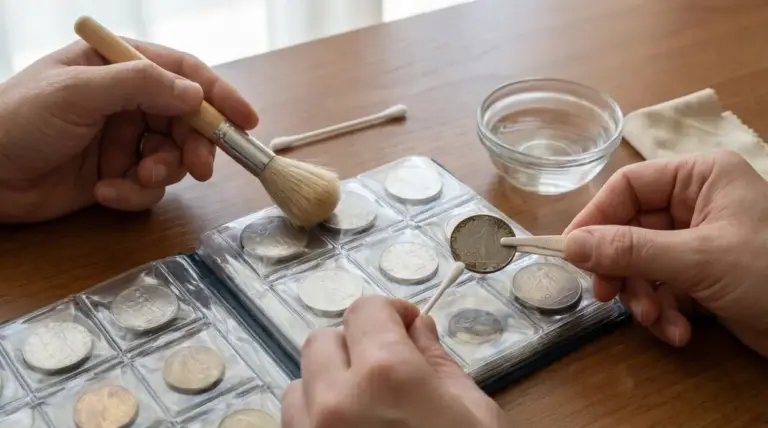 Mani che rimuovono monete in lire da un album con pinzette, pennello e cotton fioc su un tavolo