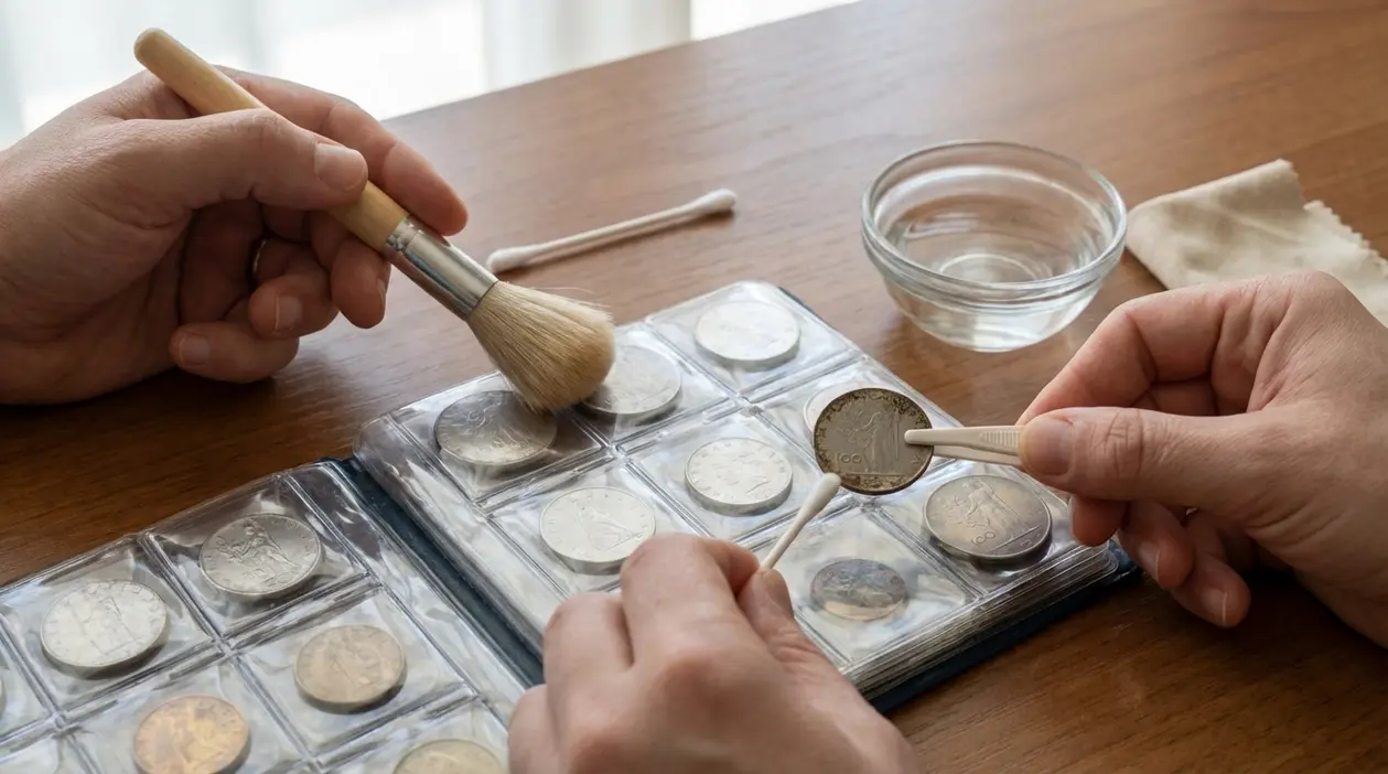 Mani che rimuovono monete in lire da un album con pinzette, pennello e cotton fioc su un tavolo
