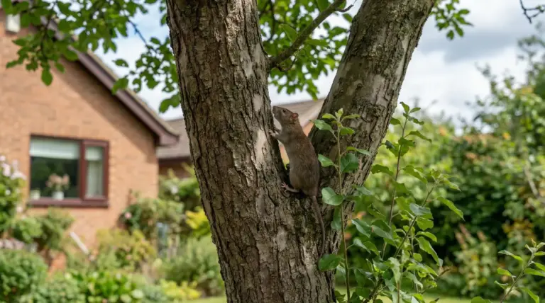 Un topo si arrampica sul tronco di un albero in un giardino residenziale