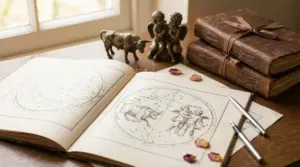 Libro aperto con segni zodiacali Toro e Gemelli su un tavolo con oggetti decorativi