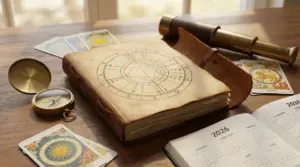 Libro con mappa astrologica, calendario 2026, bussola e carte zodiacali su un tavolo