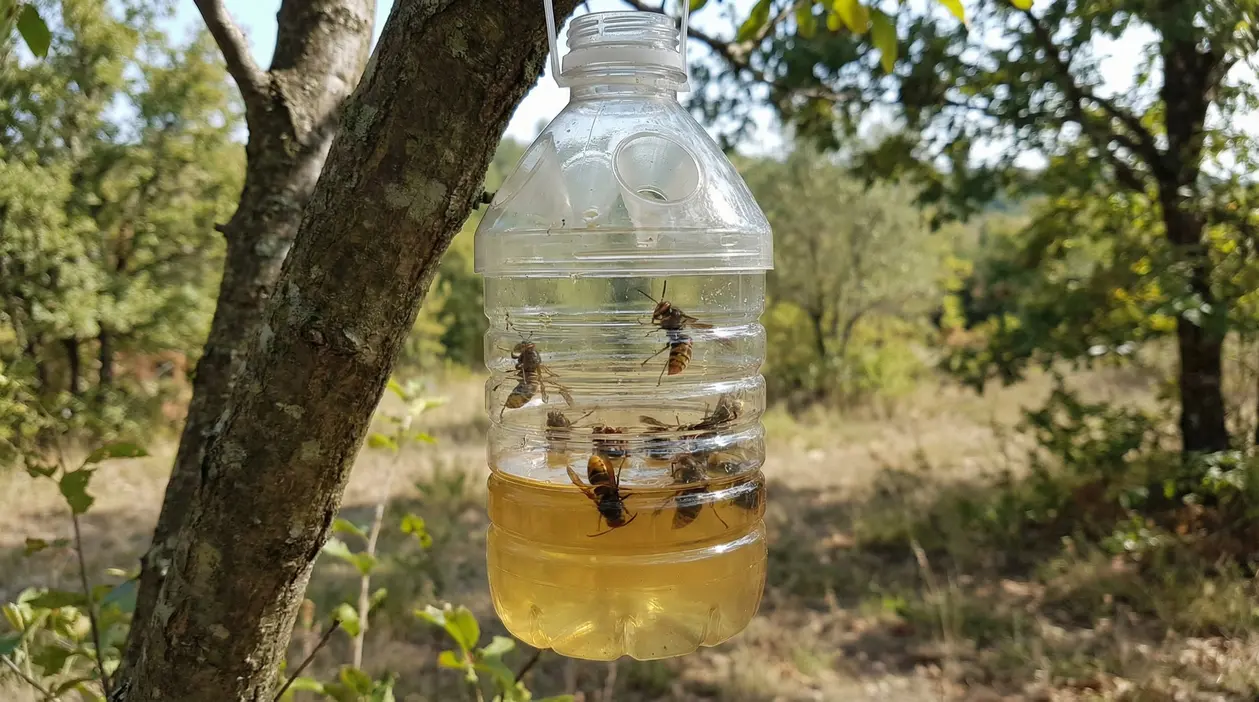Trappola artigianale per calabroni asiatici appesa a un albero in un'area boschiva