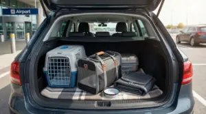 Bagagliaio di un'auto con trasportino per gatto, borse da viaggio e accessori davanti a un aeroporto