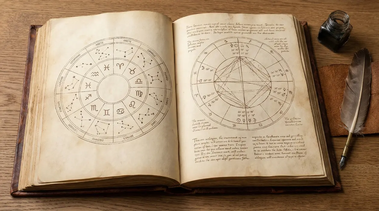 Vecchio libro aperto con diagrammi zodiacali su un tavolo di legno