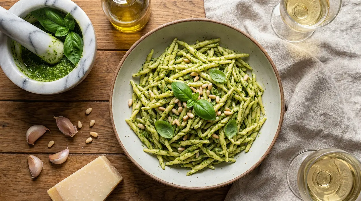 Piatto di trofie al pesto genovese con pinoli e basilico su tavolo rustico