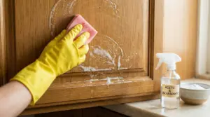 Pulizia di un mobile da cucina in legno con spugna e guanto giallo, vicino a spray con aceto e bicarbonato.