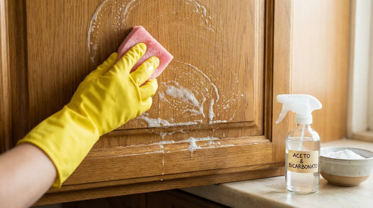 Pulizia di un mobile da cucina in legno con spugna e guanto giallo, vicino a spray con aceto e bicarbonato.