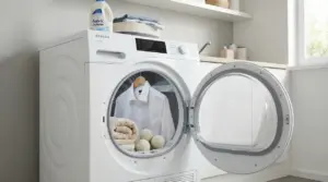 Asciugatrice aperta con camicia bianca appesa, asciugamani e palline per asciugatrice all'interno