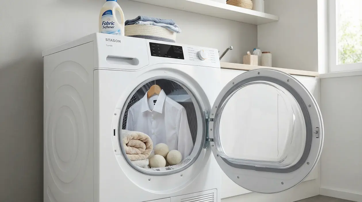 Asciugatrice aperta con camicia bianca appesa, asciugamani e palline per asciugatrice all'interno