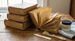 Vecchi libri ingialliti su un tavolo con strumenti per il restauro