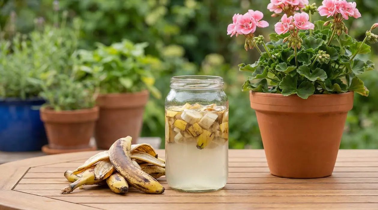 Barattolo con bucce di banana in acqua accanto a fiori in vaso su un tavolo da giardino