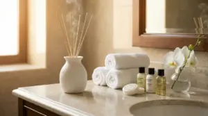 Profumatore a bastoncini, asciugamani bianchi e prodotti da bagno su un piano in marmo