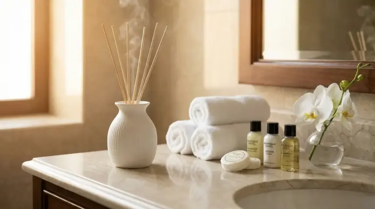 Profumatore a bastoncini, asciugamani bianchi e prodotti da bagno su un piano in marmo