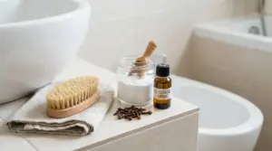 Rimedi naturali per il bagno con olio essenziale, bicarbonato e chiodi di garofano vicino al WC