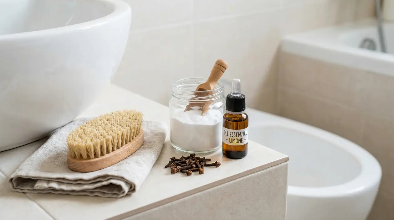 Rimedi naturali per il bagno con olio essenziale, bicarbonato e chiodi di garofano vicino al WC