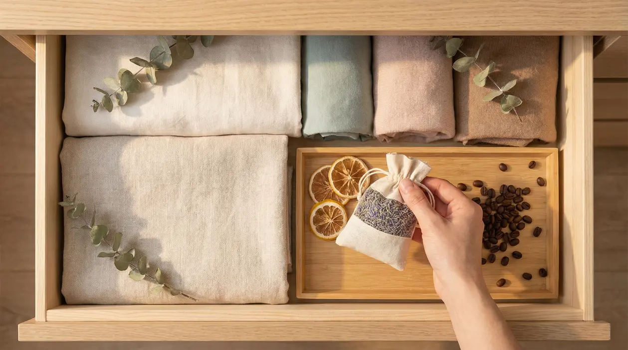 Mano che posiziona un sacchetto profumato in un cassetto ordinato con tessuti e fette di agrumi