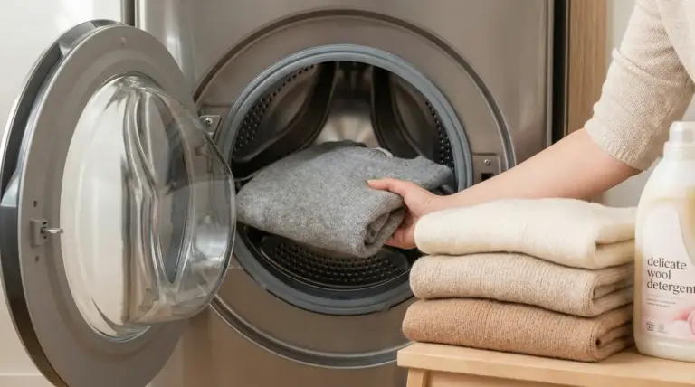 Una persona inserisce un maglione di lana grigio in una lavatrice accanto a maglioni piegati e detersivo delicato.