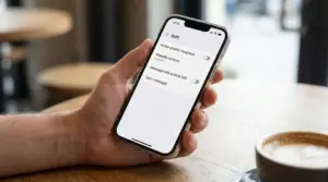 Una mano tiene uno smartphone con le impostazioni degli SMS aperte, appoggiato su un tavolo in un bar