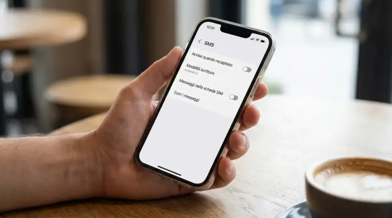 Una mano tiene uno smartphone con le impostazioni degli SMS aperte, appoggiato su un tavolo in un bar