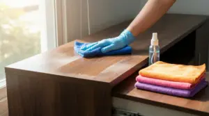 Mano con guanto pulisce un mobile polveroso con un panno in microfibra blu