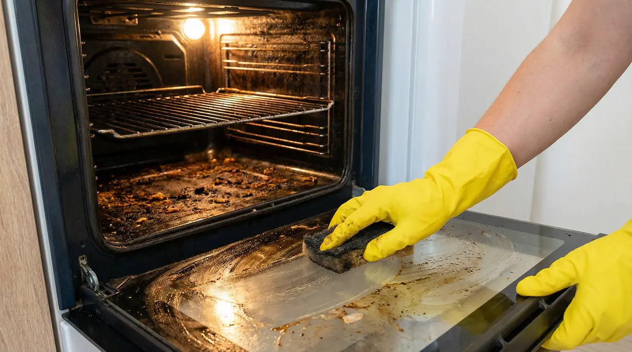 Una persona con guanti gialli pulisce la porta di un forno incrostato con una spugna