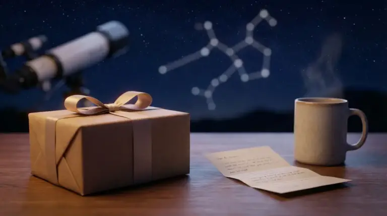 Un pacco regalo su un tavolo con una tazza e una lettera, sotto un cielo stellato e costellazioni