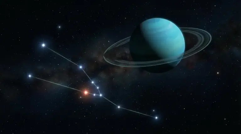 Il pianeta Urano con anelli visibili accanto alla costellazione del Toro nello spazio