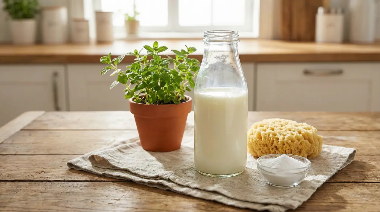 Bottiglia di latte su un tavolo con pianta in vaso, spugna e ciotola di polvere bianca