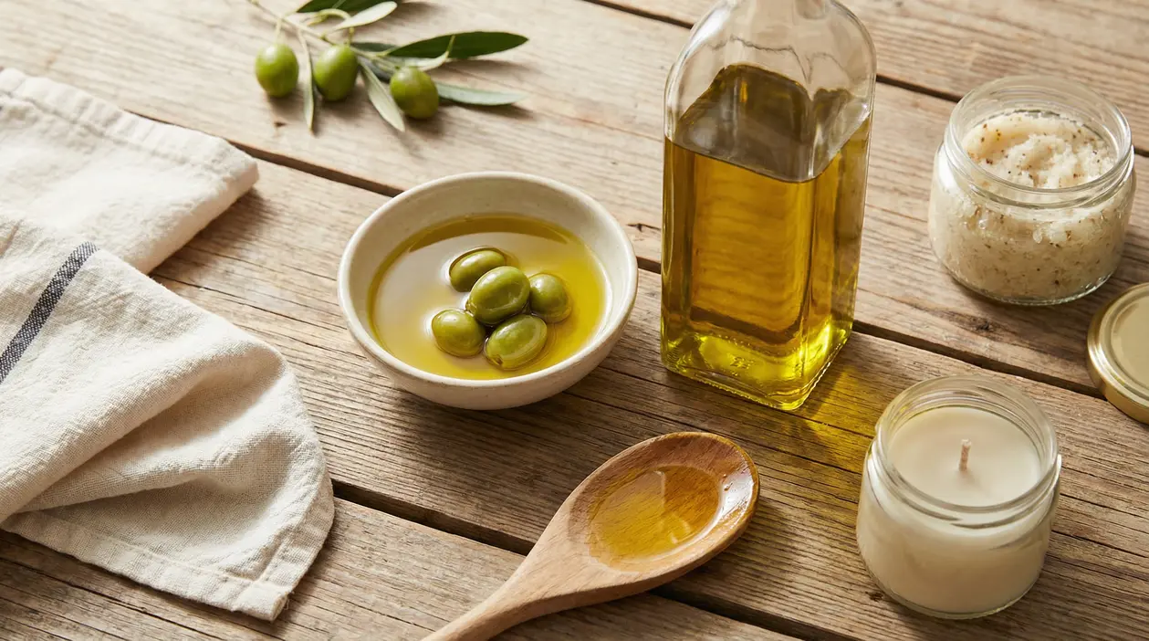 Ciotola con olive in olio extravergine, bottiglia di olio e oggetti naturali su tavolo di legno