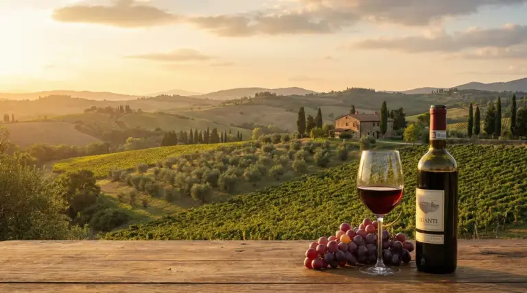 Paesaggio collinare toscano al tramonto con vigneti, un bicchiere di vino rosso e una bottiglia su un tavolo in legno