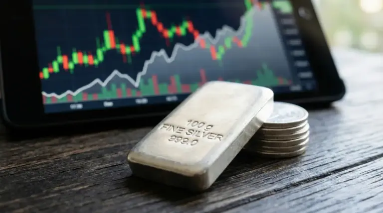 Lingotto d'argento da 100 grammi accanto a monete e grafico di mercato su tablet