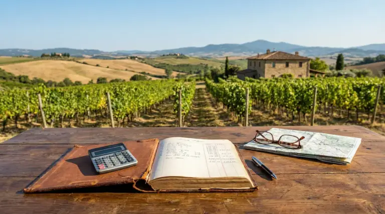 Tavolo con calcolatrice, libro contabile e mappa davanti a vigneto in campagna
