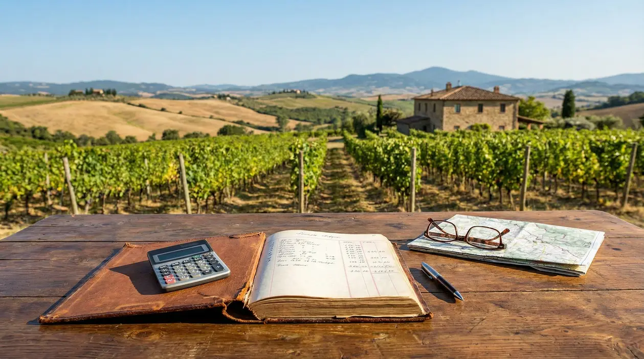 Tavolo con calcolatrice, libro contabile e mappa davanti a vigneto in campagna